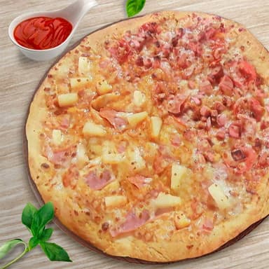 Pizza jumbo hawaiana  mitad carnes frias