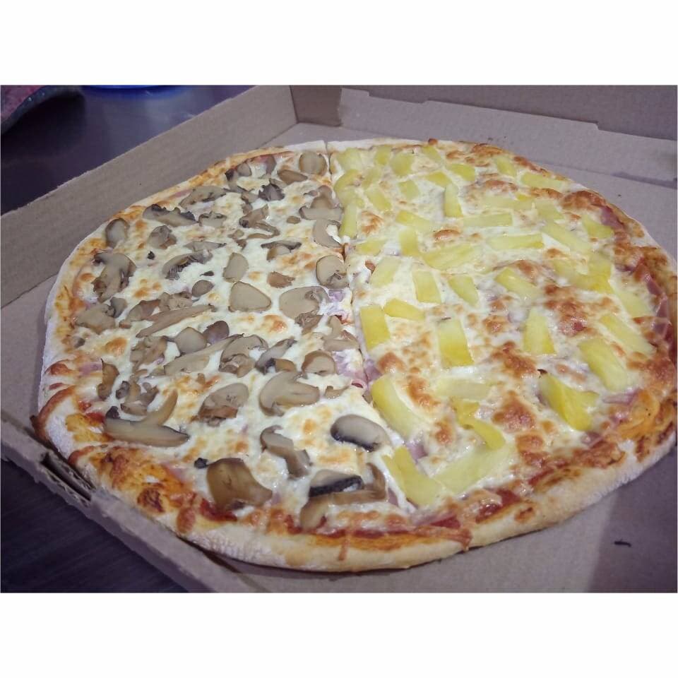 Pizza Grande Mitad Hawaiana Mitad Champiñones