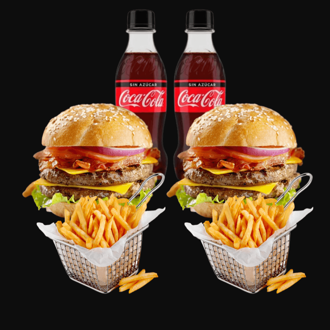 2 Hamburguesas dobles + Papas +2 Coca Colas