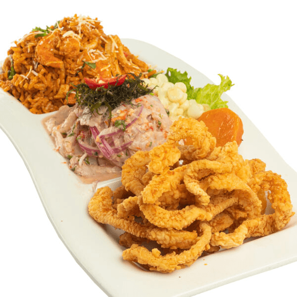 TRIO CEVICHE+ARROZ MARISCOS+CHICHARRÓN +CHILCANITO