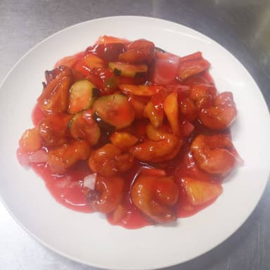 Camarones Fritos con Piña en Salsa Agridulce