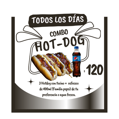 Combo 2  3 Hot Dogs con Tocino más Refresco