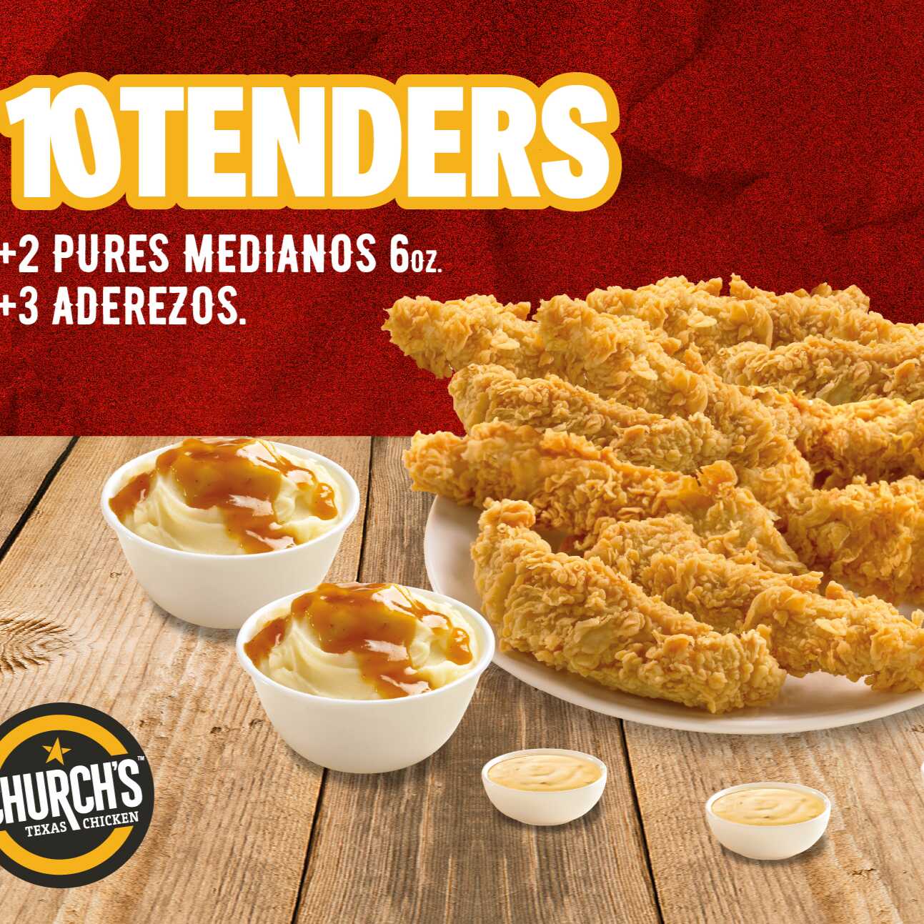 10 Tenders, 2 Pures Medianos y 3 Aderezos.