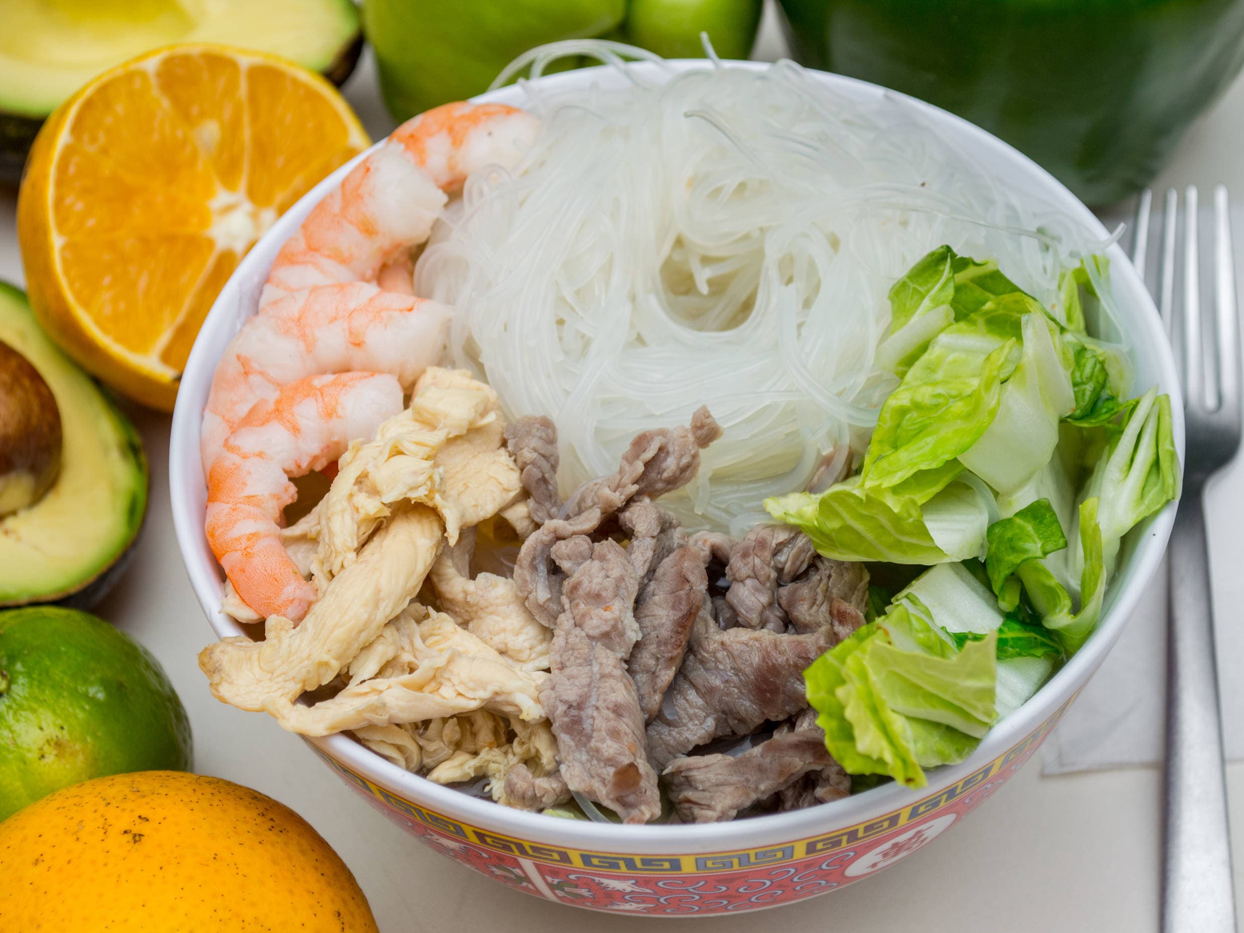 Sopa de Fideo de Arroz con Camarón o Cha Siu
