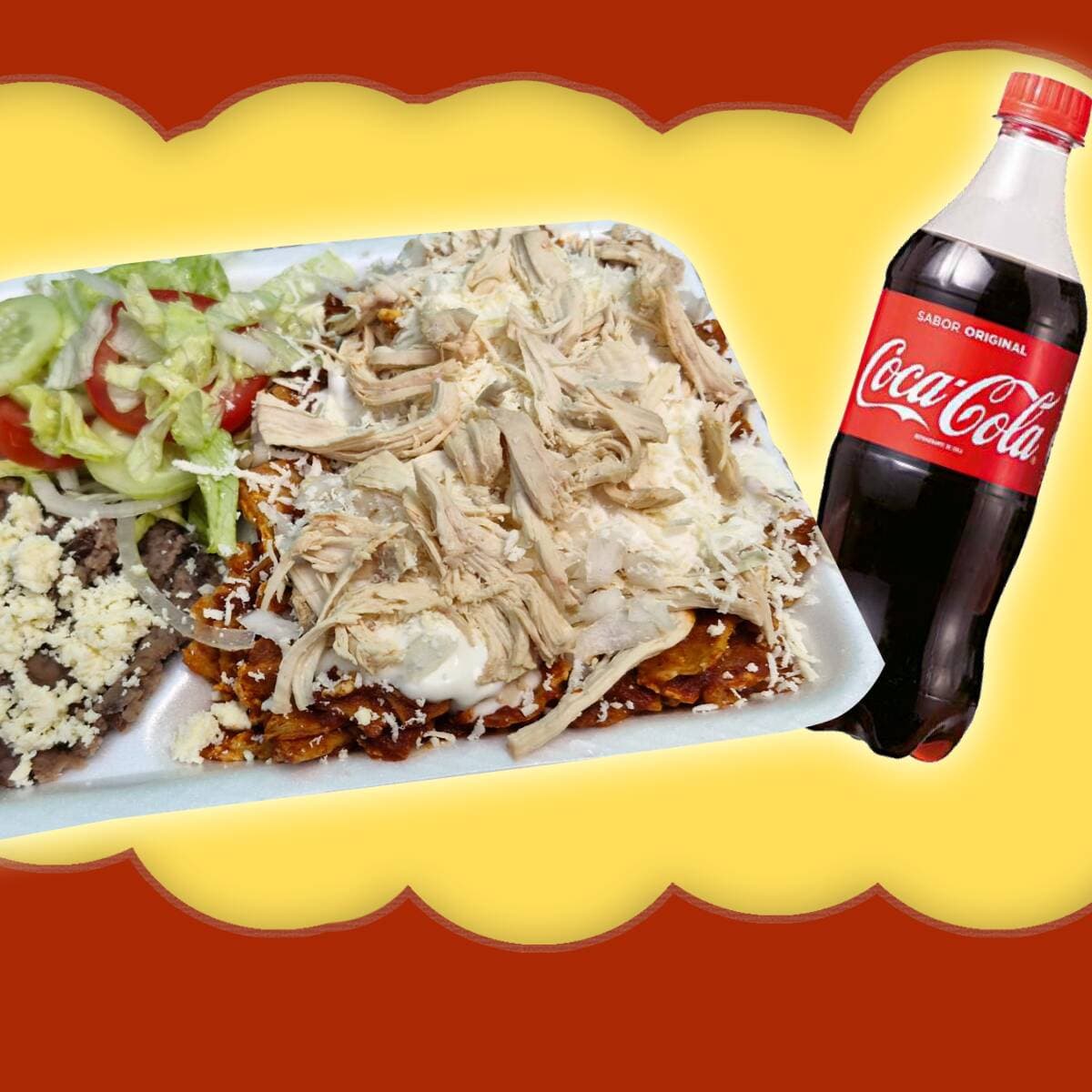 Chilaquiles Rojos c Pollo y Refresco.