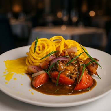 Tallarines a la Huancaína con Saltado de Pollo