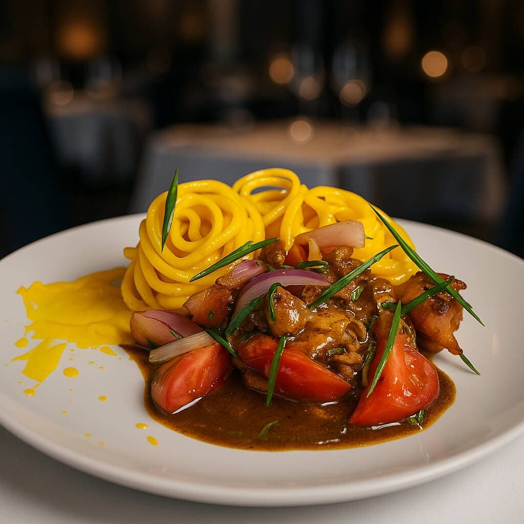 Tallarines a la Huancaína con Saltado de Pollo