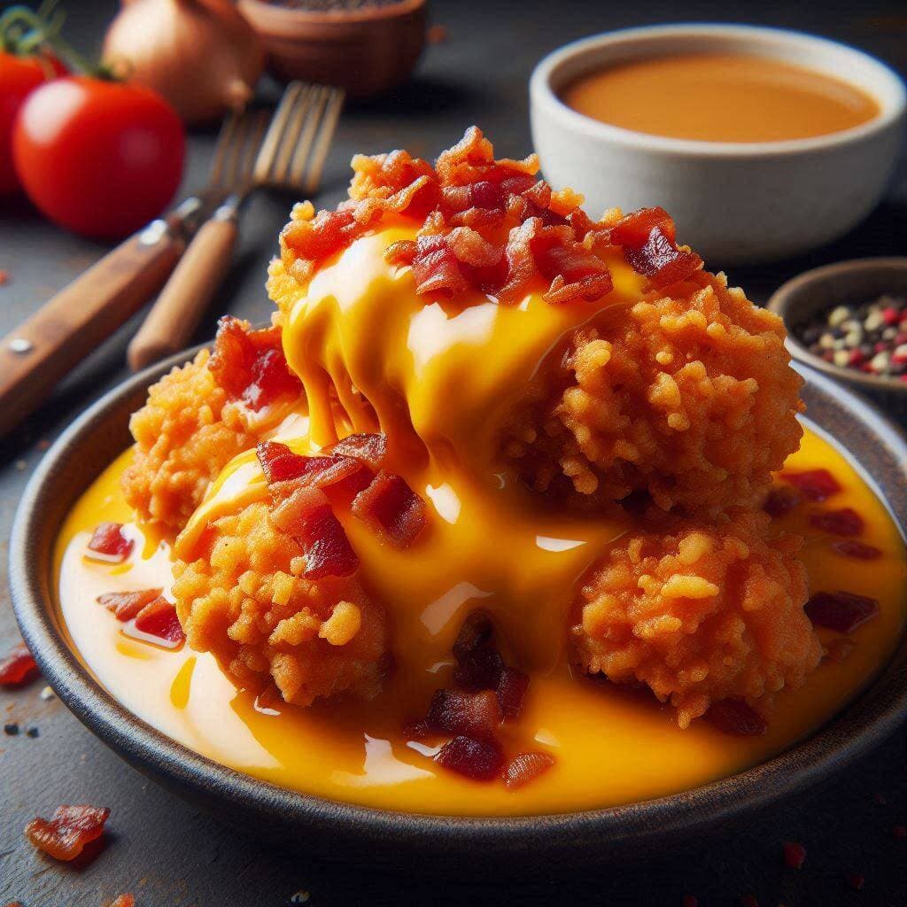 BONELESS CON QUESO CHEDAR Y TROCITOS DE TOCINO