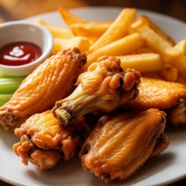 6 Alitas de Cualquier Sabor + Papas + Aderezos.