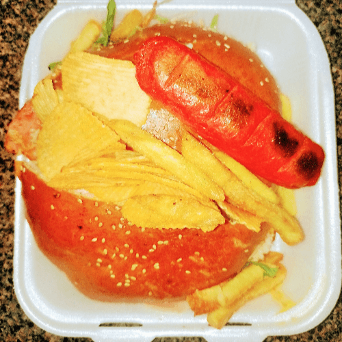 Hamburguesa Exg. Hawaiana, ilegal, Con Papas.