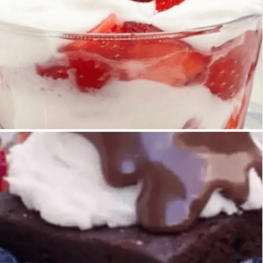 Fresas con crema + Brownie con helado y fruta