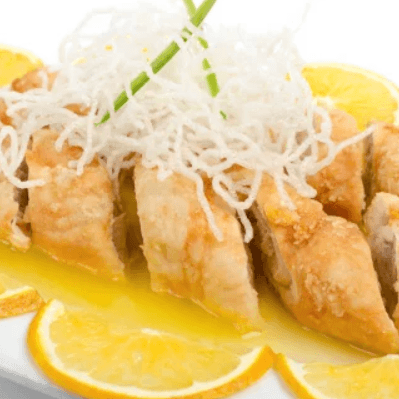 Pollo Enrollado con Salsa de Naranja