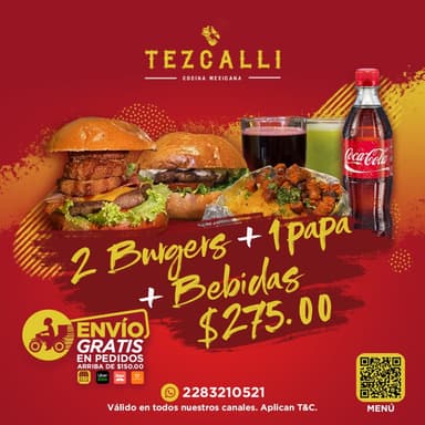 2 burgers + 1 papa + bebidas
