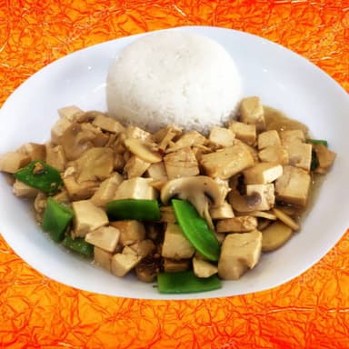 Taufu con Champiñones y Arroz Blanco