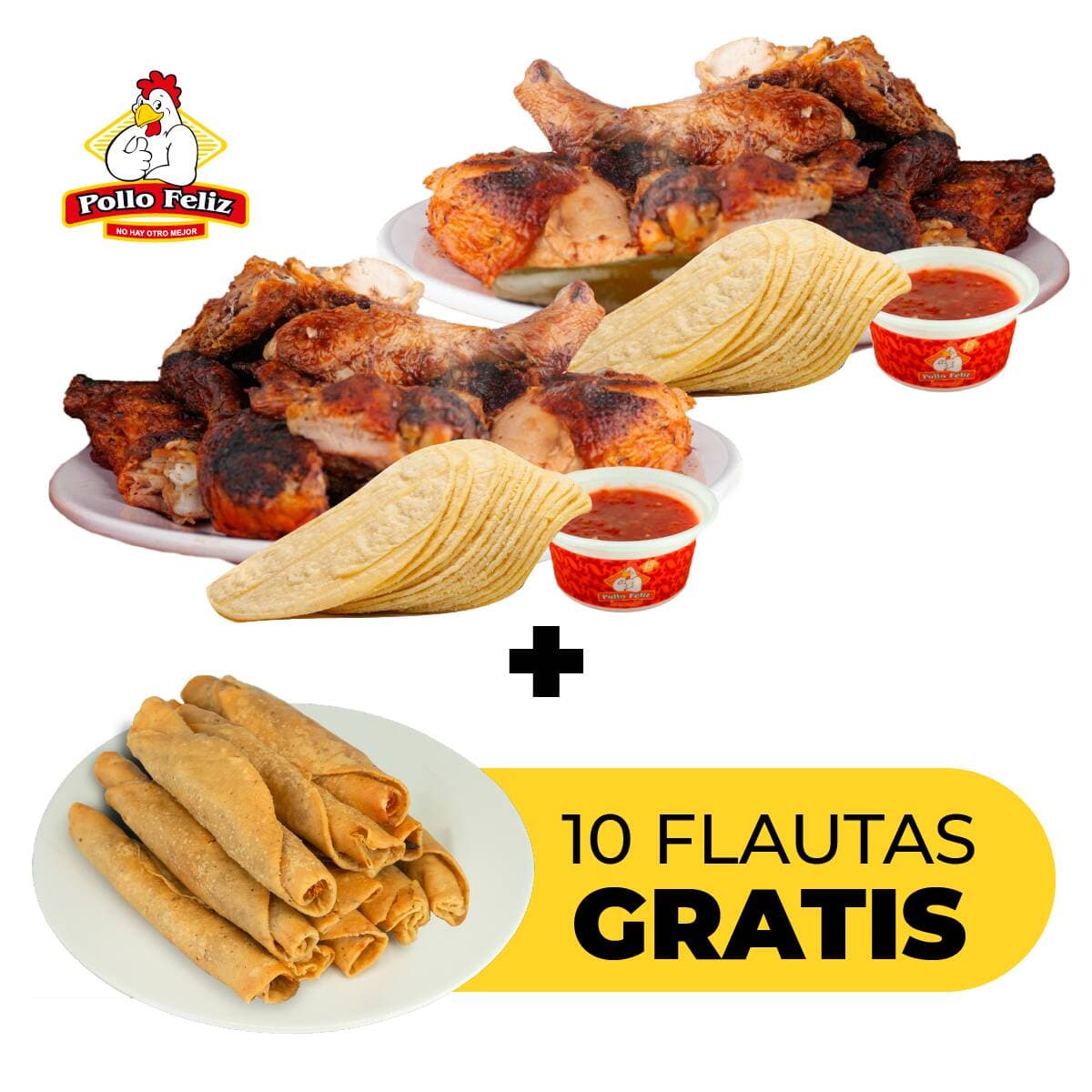 Pkt Feliz 2 Pollos Asados + 10 Flautas Gratis*