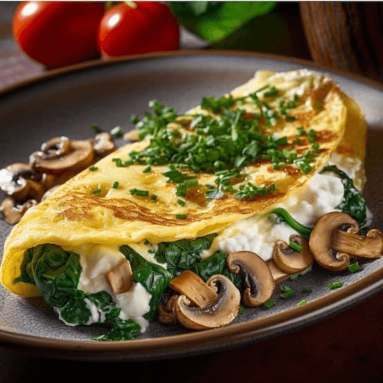 Omelette de champiñones, panela, pimientos