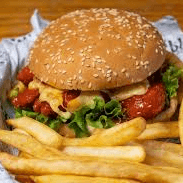 Hamburguesa Boneless con Papas a la Francesa.