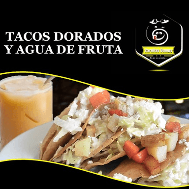 Tacos Dorados de Carnitas + Agua de Fruta del Dia