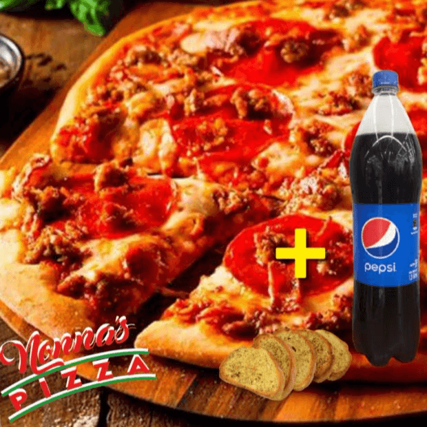 1 Pizza Grande Carnívora, Pan al Ajo y Gaseosa 1 L