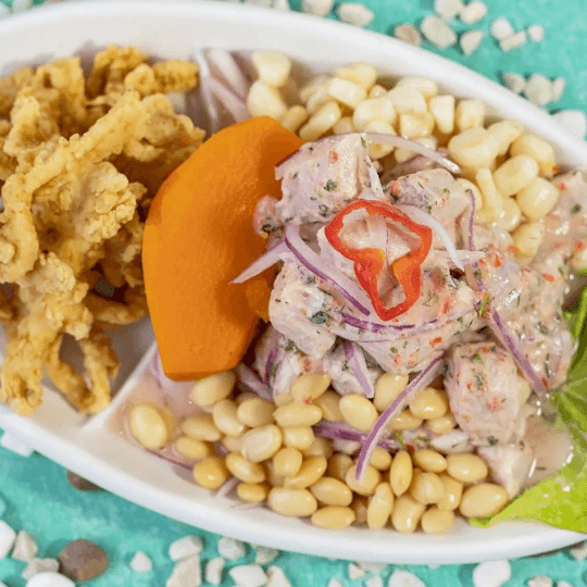 Ceviche de Pescado con Chicharrón de Pota