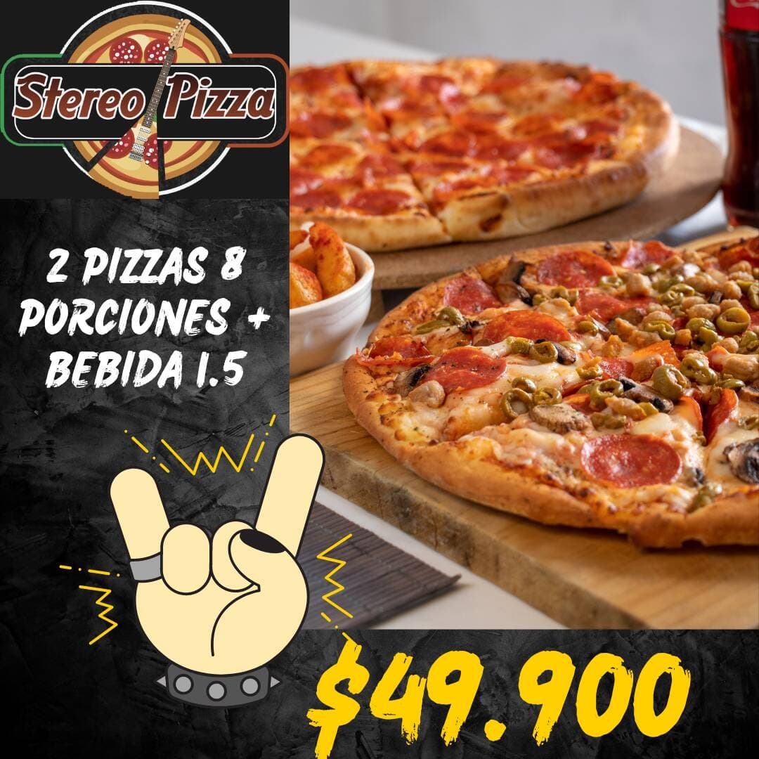 2 Pizzas 8 Porciones 35cm Sabores Clas + Bebida1.5