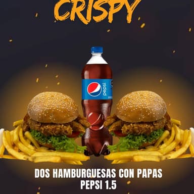 DOS HAMBURGUESAS CRISPY CON PAPAS Y PEPSI 1.75