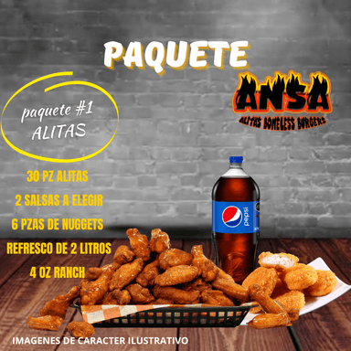 PAQUETE NUM 1 ALITAS  2 SALSAS A ELEGIR