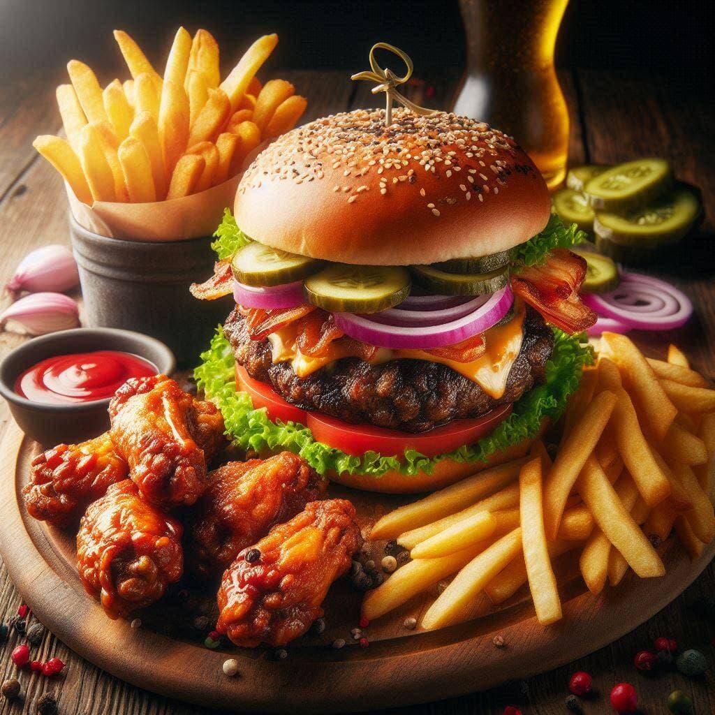 Hamburguesa con Papas y Alitas