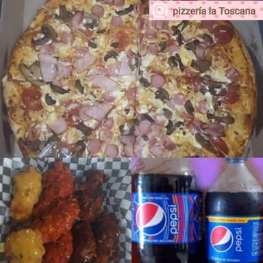 Pizza 3 Ingredientes, 8 Alitas, Pan Ajo, Refresco