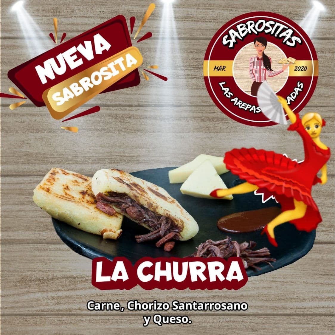 Arepa Carne, Chorizo Santarrosano y Queso "CHURRA"