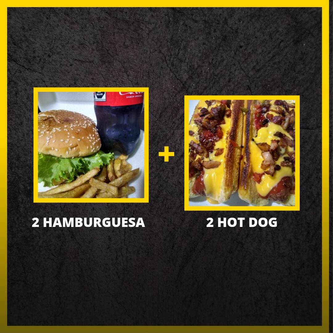 2 Hot Dogs y 2 Hamburguesas con Papas y Refresco
