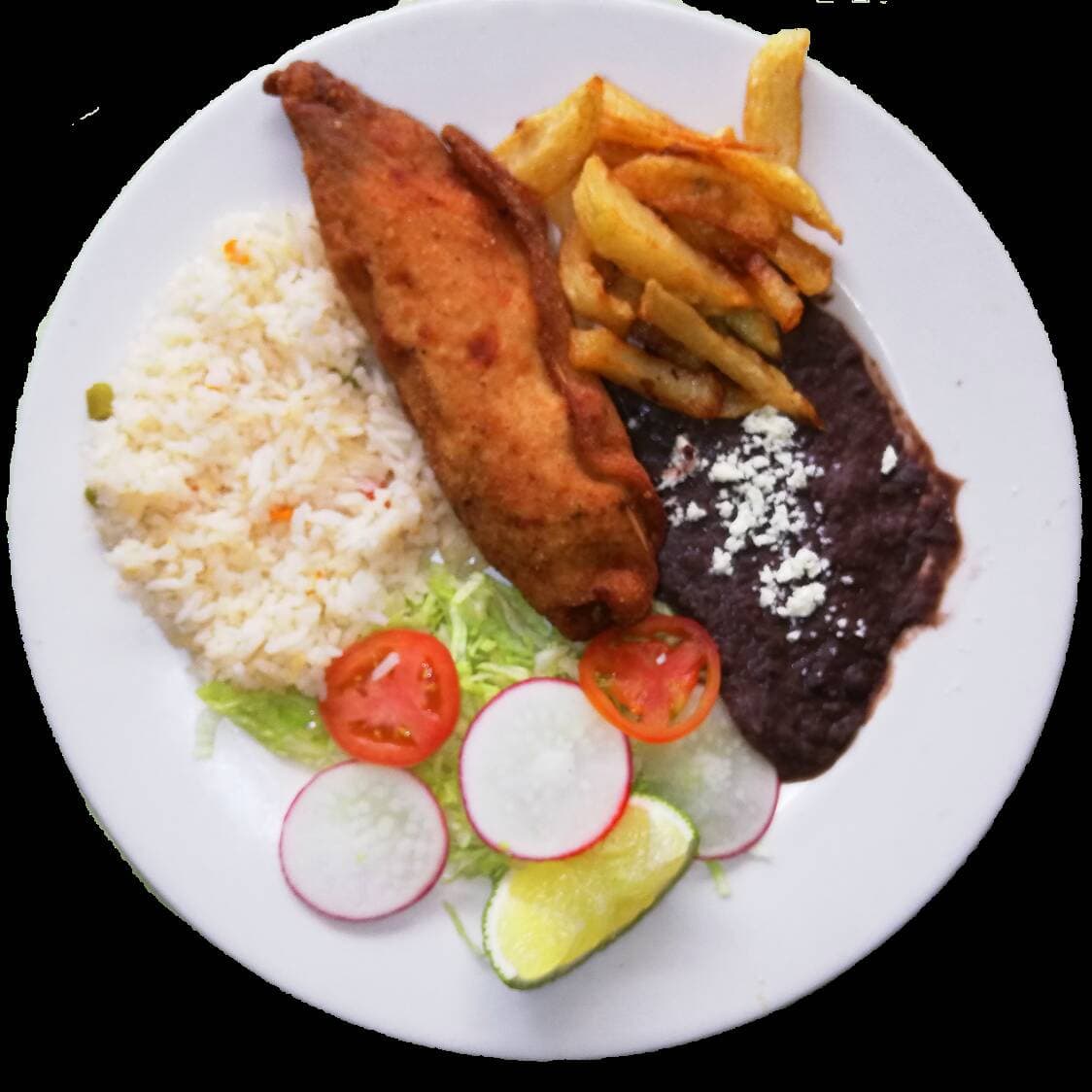 Pechuga Rellena con papas a la francesa.