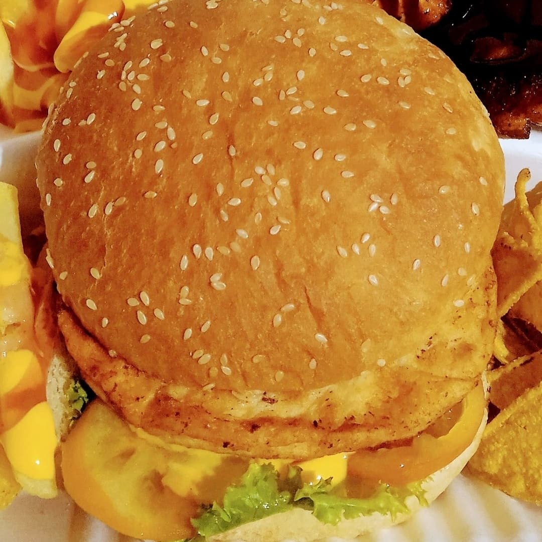 Hamburguesa de pollo papas fritas