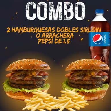 2 DOBLES ARRACHERA O SIRLOIN C/PAPAS Y PEPSI 1.75