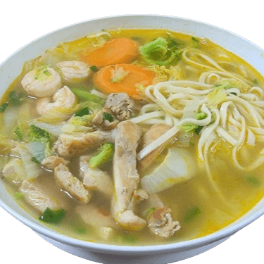 Caldo con camarón, pollo y fideo