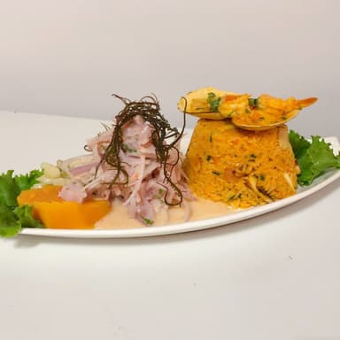 Ceviche de pescado + arroz con marsicos