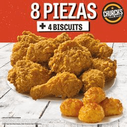 8 Piezas de Pollo y 4 Biscuits.