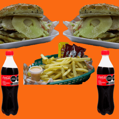 COMBO 10: 2 HAMBURGUESAS HAWAIANAS, PAPAS Y 2 REF