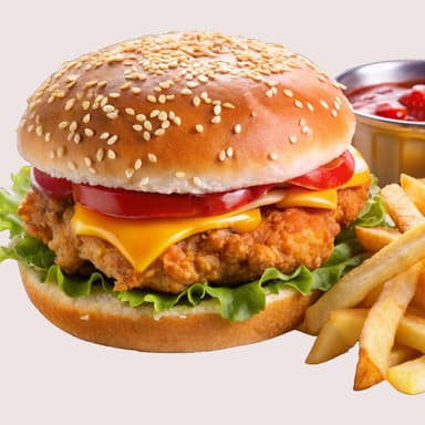 CHICKEN TEMPURA JAMON Y QUESO BURGUER