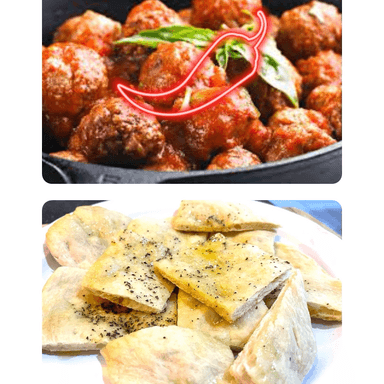 Albondigas Picantes al Jugo de Tomate y Pan Pizza