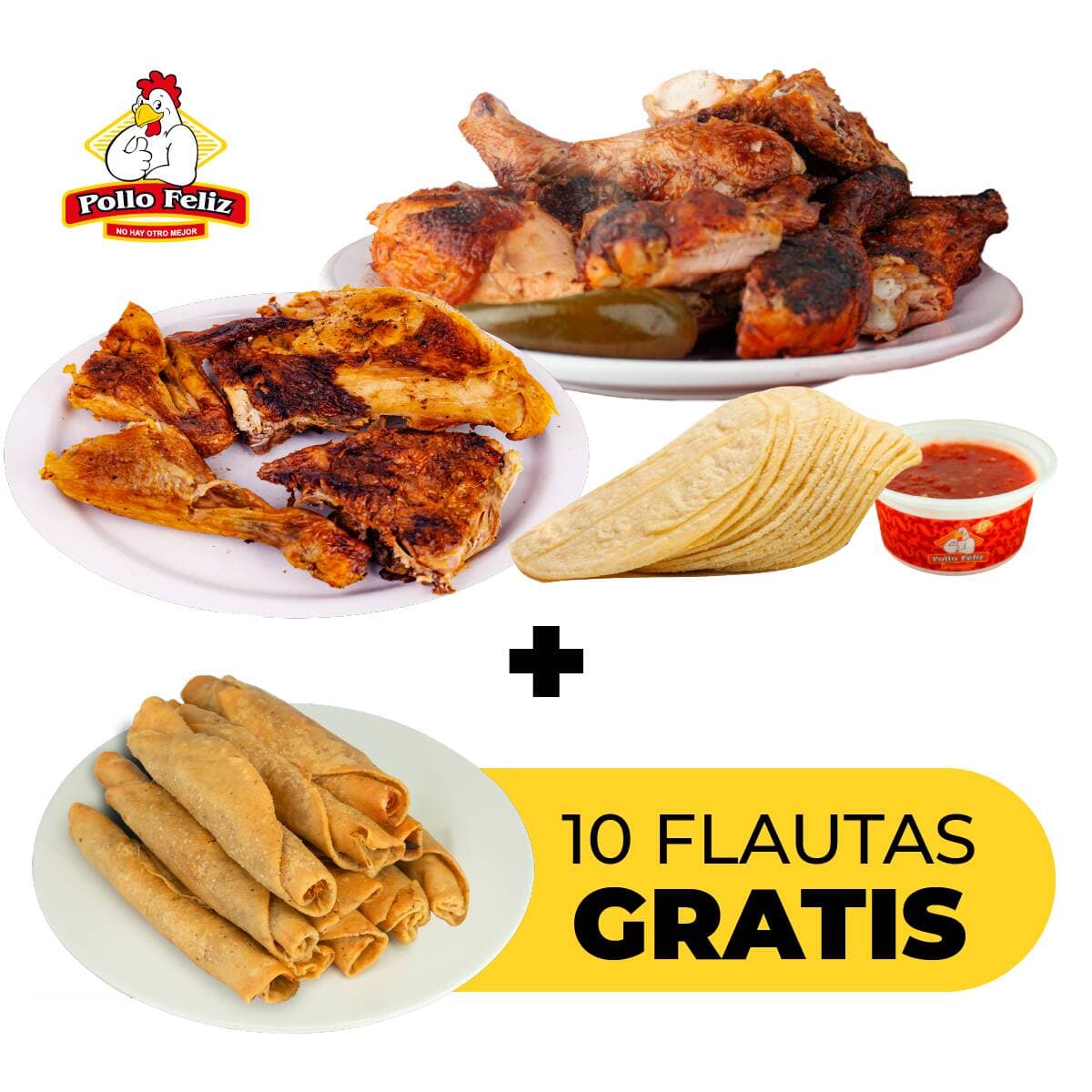 Pkt 1 Pollo y 1/2 + 10 Flautas Gratis*
