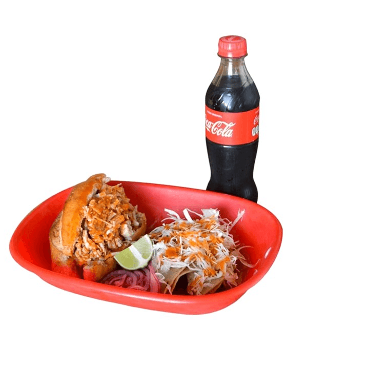 Torta Ahogada+2 Tacos Dorados con Carne+Refresco