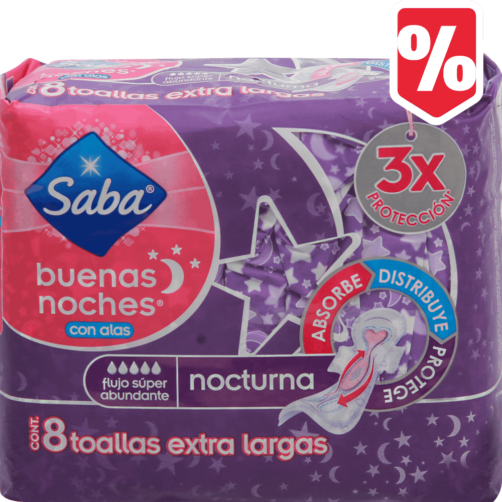 Toallas sanitarias Saba Buenas Noches 8pz bolsa