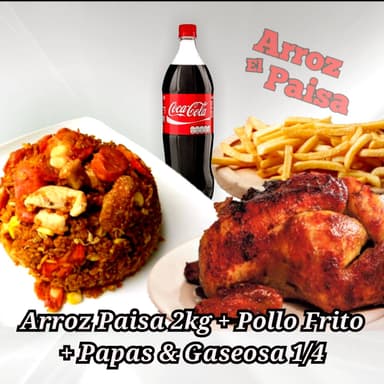 1 Pollo Frito + Arroz paisa + papas &  econolitro