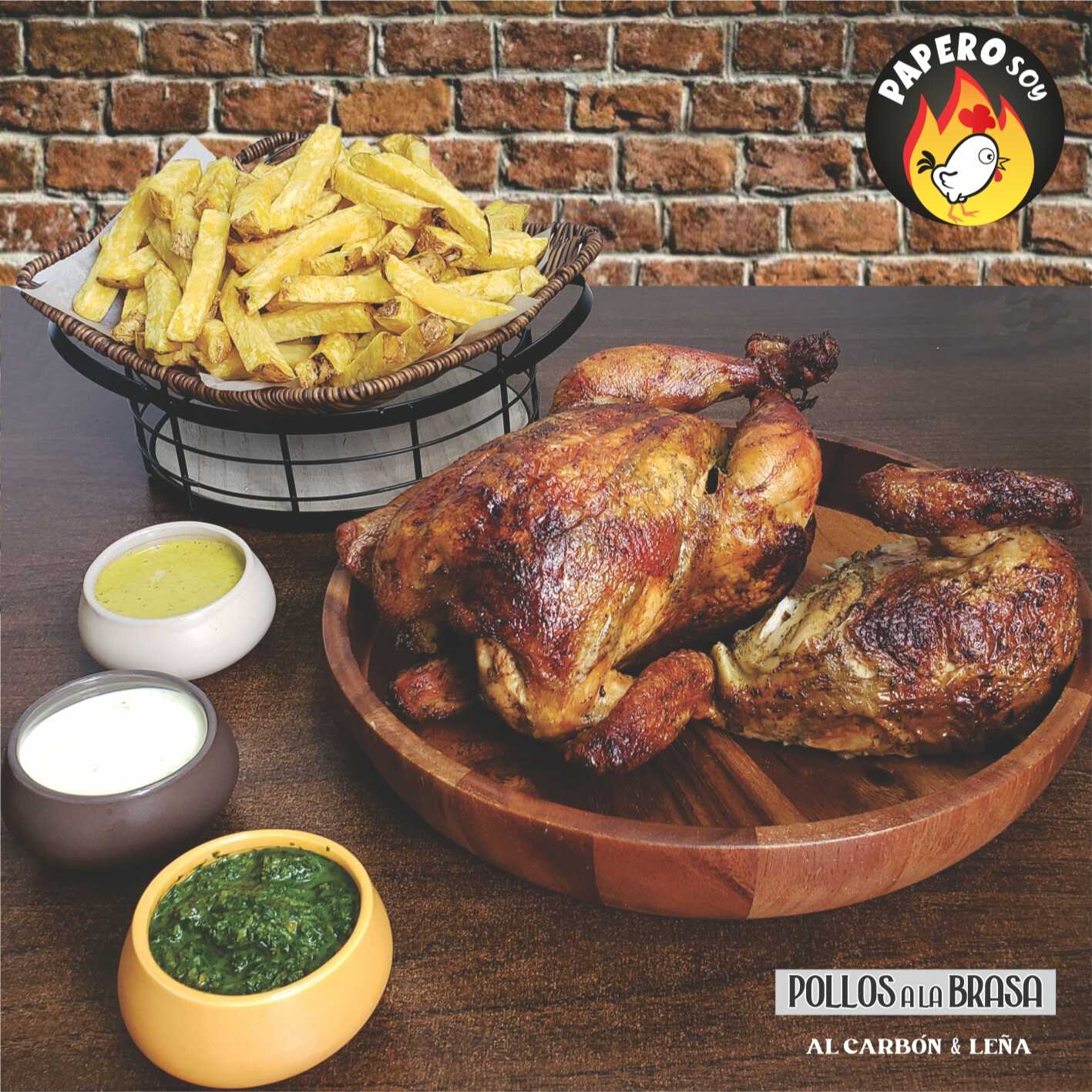 1 + 1/4 Pollo + Papas Fritas + Cremas