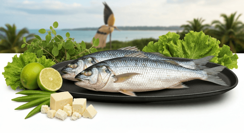 Escena de cocina costarricense con chef local preparando filete de pescado dorado del Pacífico a la plancha. Alrededor, ingredientes frescos: limón, hierbas, queso fresco, y tilapia. Fondo con vista sutil al mar o costa tropical. Fotografía realista, luz cálida de tarde, enfoque en sostenibilidad y calidad de producto local.