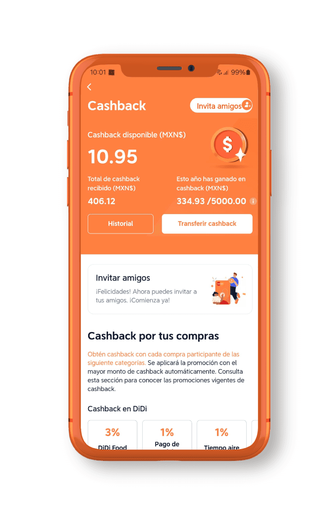 Aplicación DiDi Card Sección para ver Cashback disponible