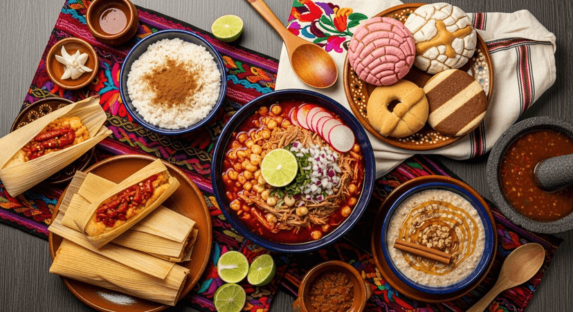 Flat lay con variedad de platillos mexicanos ricos en carbohidratos: tamales, pozole, pan dulce, arroz con leche y avena con canela. Fondo neutro de madera oscura, manteles bordados y utensilios tradicionales. Fotografía realista tipo catálogo gastronómico, tonos cálidos y naturales.