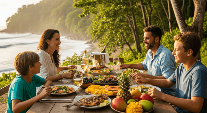 Familia costarricense compartiendo almuerzo al aire libre junto al mar o entre montañas tropicales, con mesa servida con ensaladas frescas, pescados, frutas y vino blanco. Luz suave de atardecer, ambiente alegre y relajado. Fotografía realista lifestyle, tono natural y positivo que refleje bienestar y sostenibilidad.