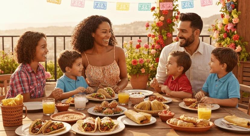 Escena alegre de familia mexicana compartiendo comida en terraza al atardecer. Mesa llena de platillos variados: frijoles refritos, tortillas, pescado, aguacate, amaranto y guayabas. Decoración con flores y textiles coloridos, ambiente festivo, sonrisa y calidez humana. Fotografía realista, luz dorada, estética natural y emocional que transmite la filosofía de “comer bien es celebrar quiénes somos”